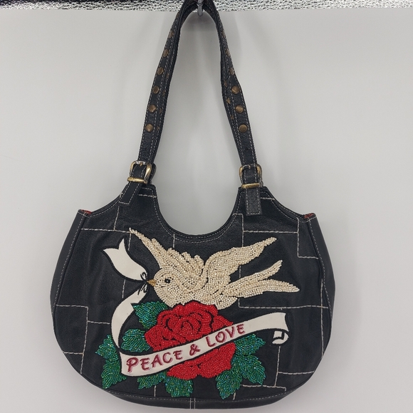 Isabella Fiore Vintage Peace & Love Black Leather Shoulder hand bag - Picture 2 of 6